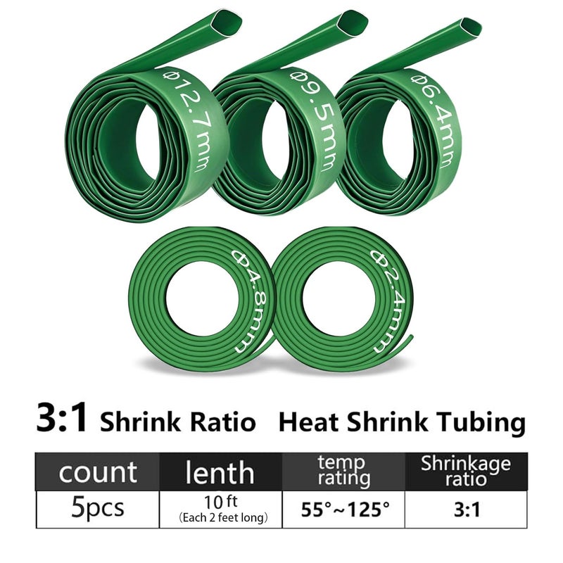 Eugiichr 5-Size Heat Shrink Tubing Kit: 3:1 Adhesive Lined, Marine Grade Waterproof, Insulated Sealed, Oil-Proof & Wear-Resistant, 10-Foot Total Length - for Home Use & Industrial Applications (Green) - Image 2